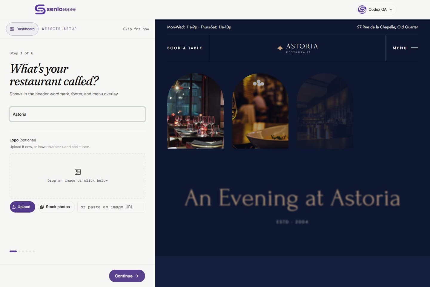 Senloease guided editor beside a live Astoria website preview