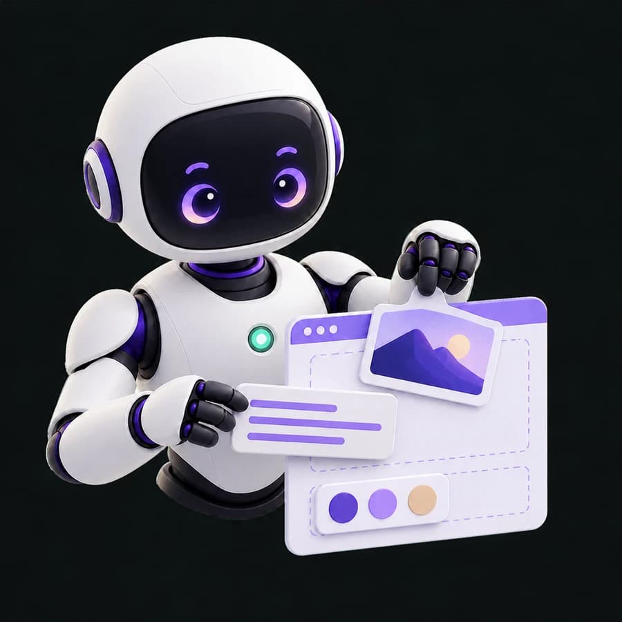 Senloease AI assistant arranging photos, words and colours into a website