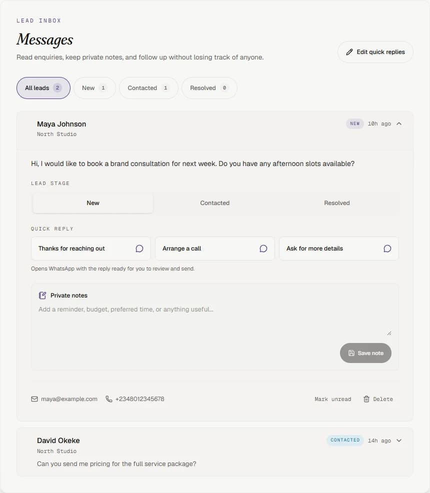 Senloease lead inbox with customer stages, private notes, and quick replies
