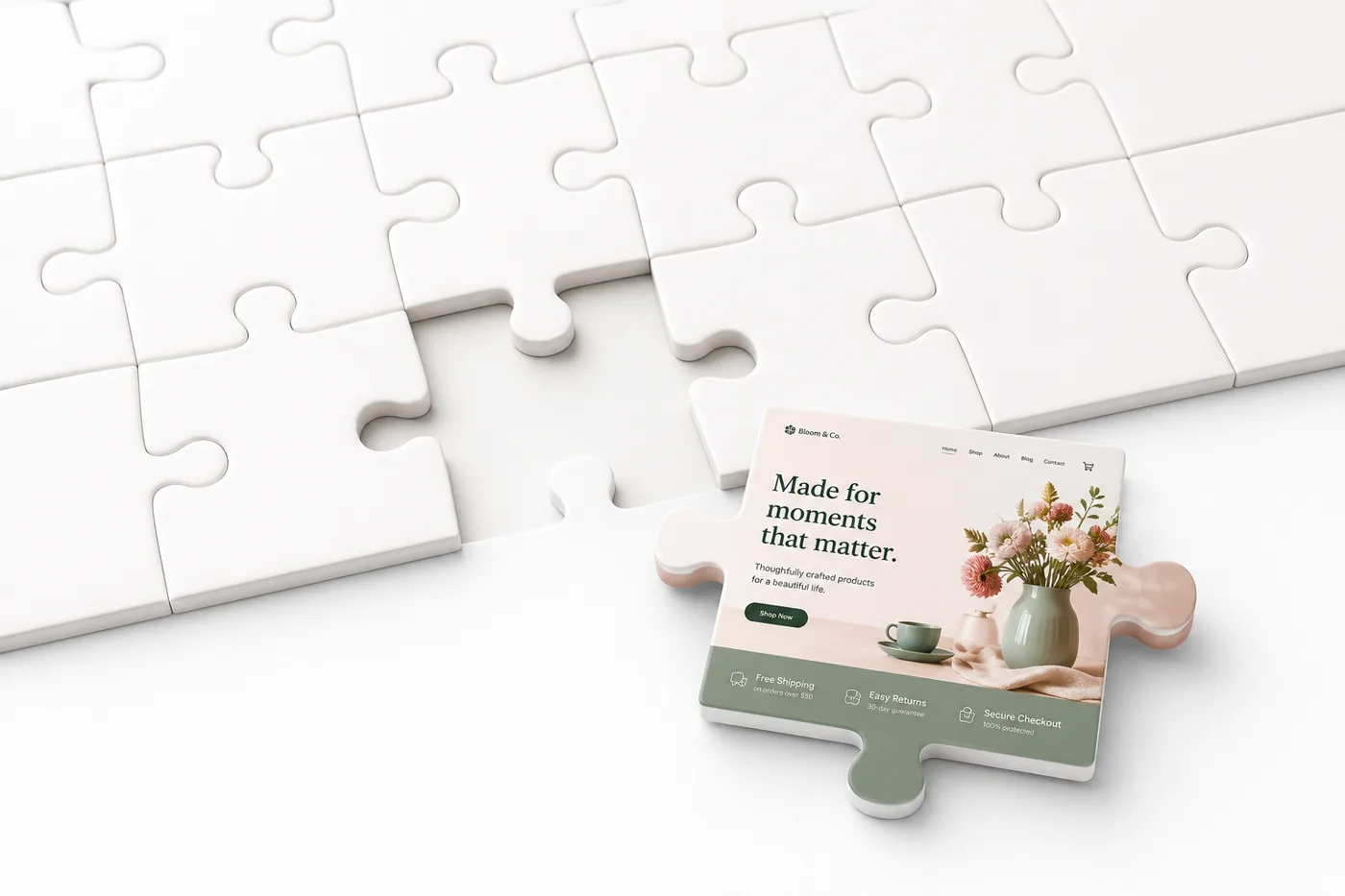 A finished website shown on a jigsaw piece, slotting into the one empty space in the puzzle